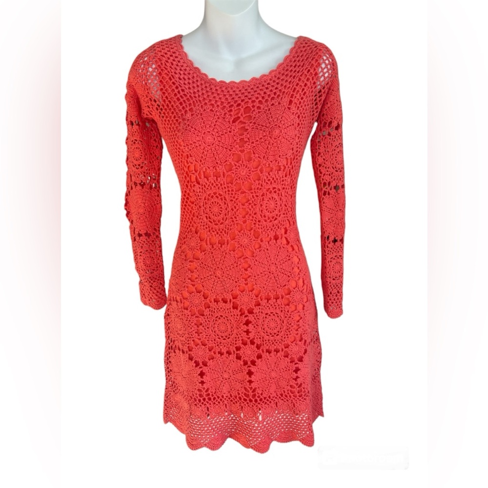 Boston Proper 100% Cotton Crochet Long Sleeve Coral Color Scalloped Edged Dress
